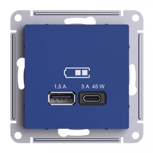 Розетка USB AtlasDesign тип A+C 45Вт высокоскор. ЗУ QC PD механизм аквамарин SE ATN001129